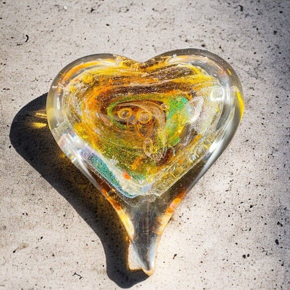 Hand Blown Art Glass Heart Figurine Paperweight Multicolor Swirls Artist Signed - Picture 3 of 16